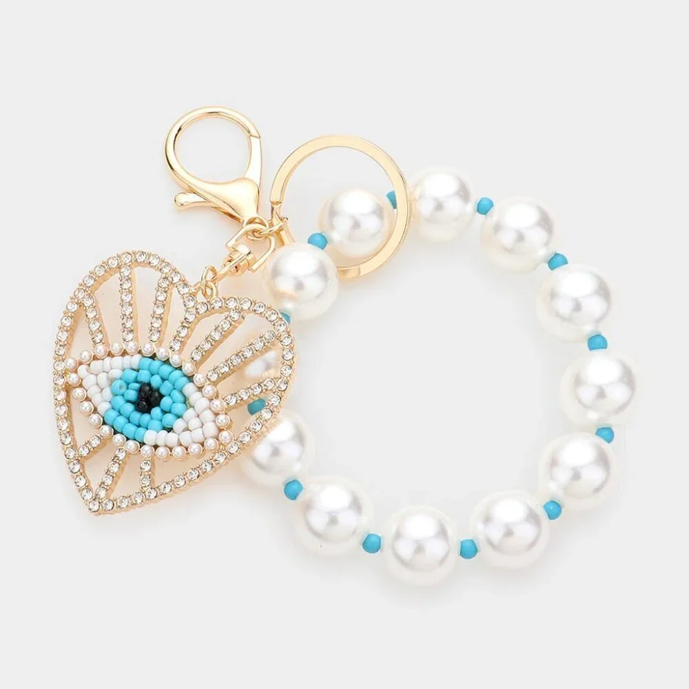 Evil Eye White Heart Beaded Stretch Keychain / Bracelet